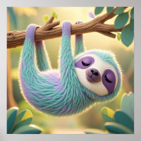 Cartoon sloth hanging upside-down from a branch 