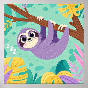 Cartoon sloth hanging upside-down from a branch poster
