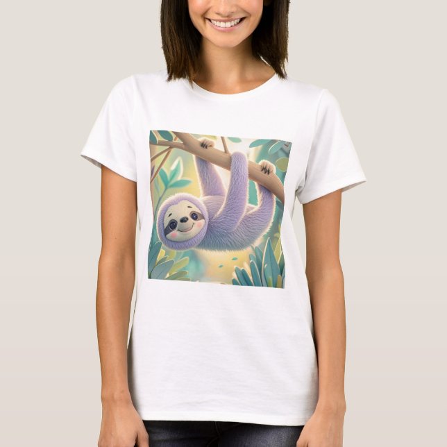 Cartoon sloth hanging upside-down from a branch  T-Shirt (Front)