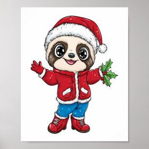 Cartoon Sloth Wearing Christmas Poster