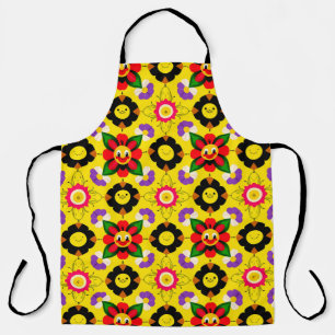 Cartoon Smiling Flowers and Bees Apron