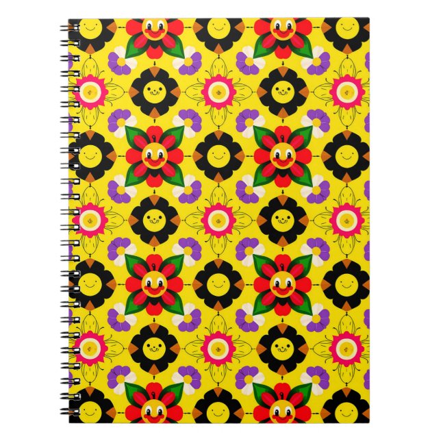 Cartoon Smiling Flowers and Bees Notebook (Front)
