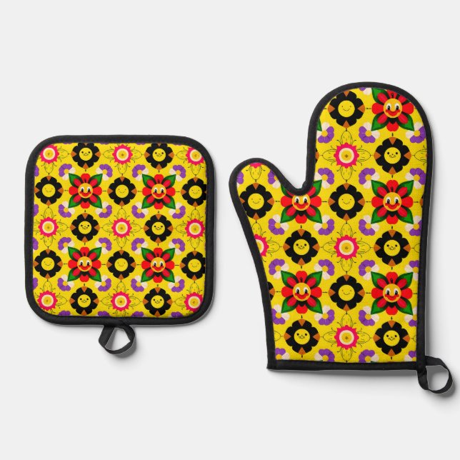 Cartoon Smiling Flowers and Bees Oven Mitt & Pot Holder Set (Front)