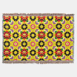 Cartoon Smiling Flowers and Bees Throw Blanket