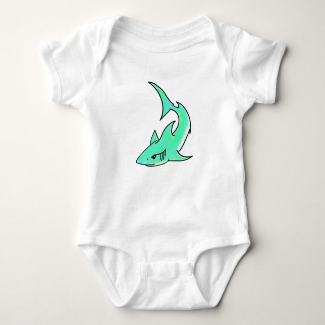 cartoon smiling shark mint blue green ocean animal baby bodysuit (Front)