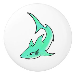 cartoon smiling shark mint blue green ocean animal ceramic knob