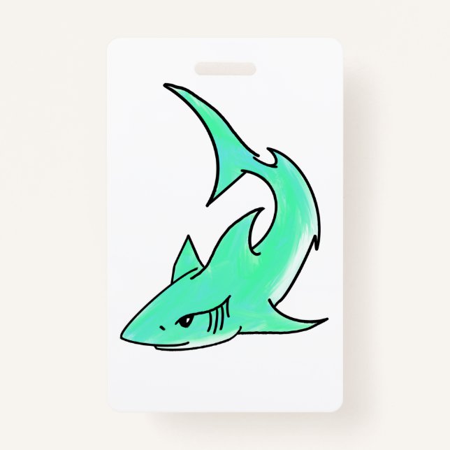 cartoon smiling shark mint blue green ocean animal ID badge (Front)