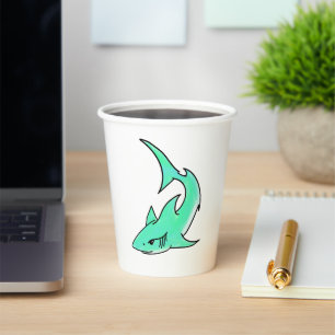 cartoon smiling shark mint blue green ocean animal paper cups