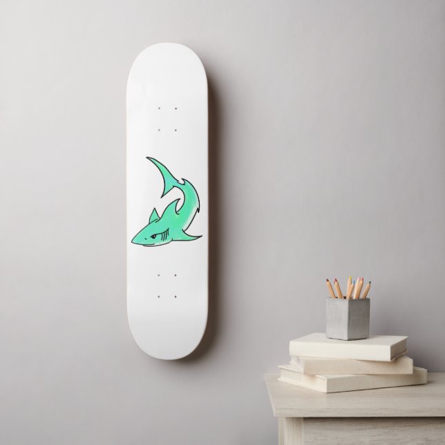 cartoon smiling shark mint blue green ocean animal skateboard (Wall Art)