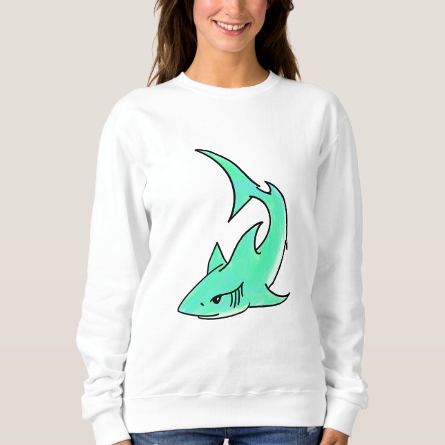 cartoon smiling shark mint blue green ocean animal sweatshirt (Front)