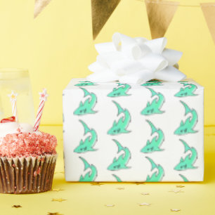 cartoon smiling shark mint blue green ocean animal wrapping paper
