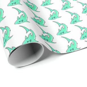 cartoon smiling shark mint blue green ocean animal wrapping paper