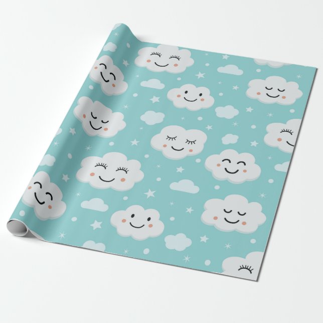 Cartoon Smiling White Clouds on Blue Background Wrapping Paper (Unrolled)