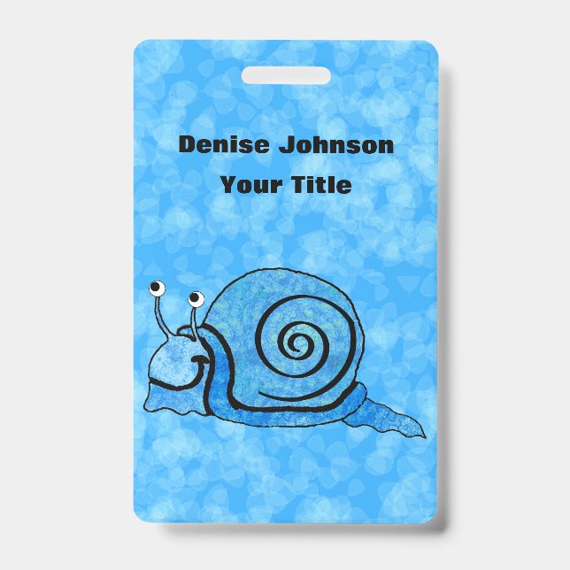 Cartoon Snail Blue Patterned Shell on Mix of Blues ID Badge (Front)