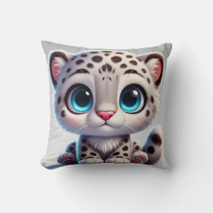 Cartoon Snow Leopard Cub With Big Blue Eyes Cushion