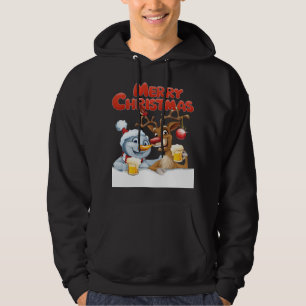 Cartoon Snowman and Reindeer Enjoying Beer Hoodie