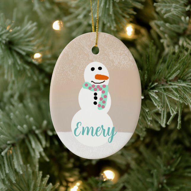Cartoon Snowman (Customisable Name) Ceramic Tree Decoration (Tree)