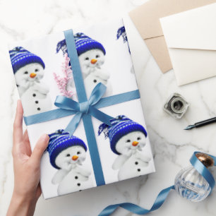 Cartoon Snowman in Blue & White Wool Hat Wrapping  Wrapping Paper