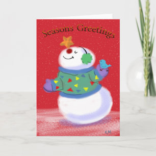 Cartoon Snowman Star Blue Bird Holiday Card