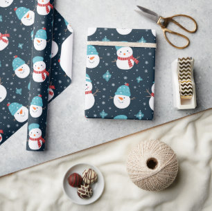 Cartoon Snowmen Dark Blue White Pattern Present Wrapping Paper
