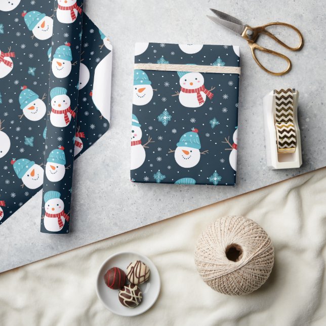 Cartoon Snowmen Dark Blue White Pattern Present Wrapping Paper (Crafts)