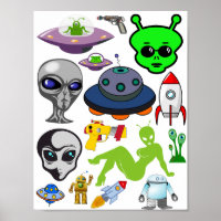 Cartoon Space Aliens Greys UFO Art Collage sheet