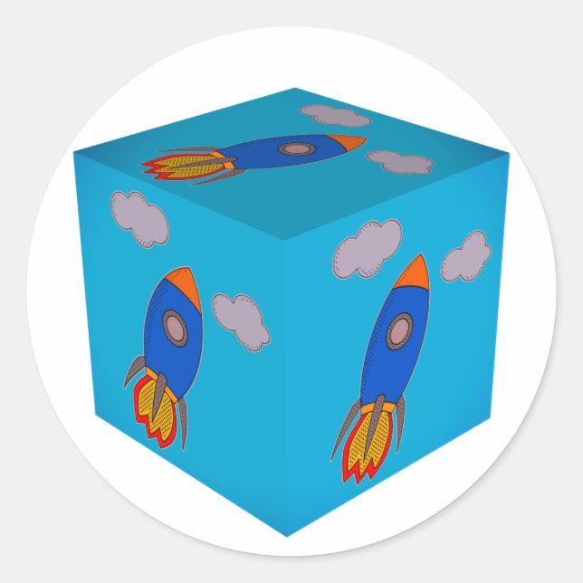 Cartoon Space Rocket Flying And Blue Sky Cube Classic Round Sticker (Front)