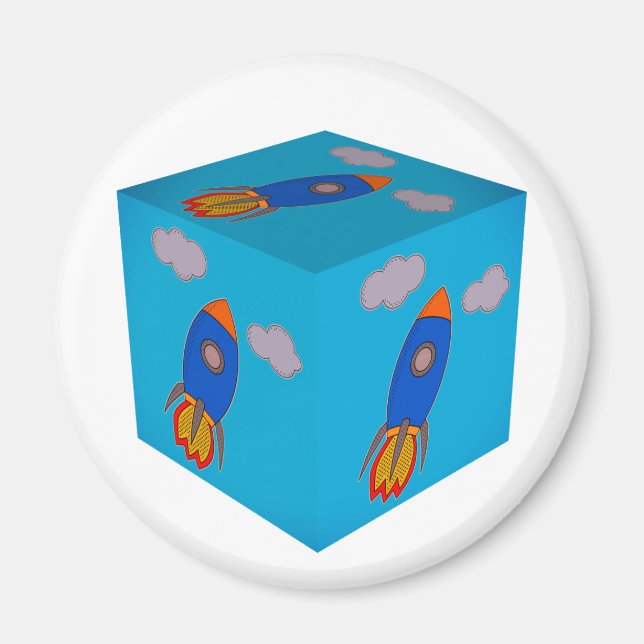 Cartoon Space Rocket Flying And Blue Sky Cube Magnet (Front)