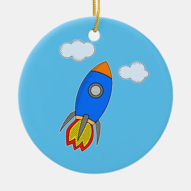 Cartoon Space Rocket In Blue Sky Ceramic Tree Decoration (Front)