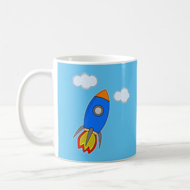Cartoon Space Rocket In Blue Sky Coffee Mug (Left)