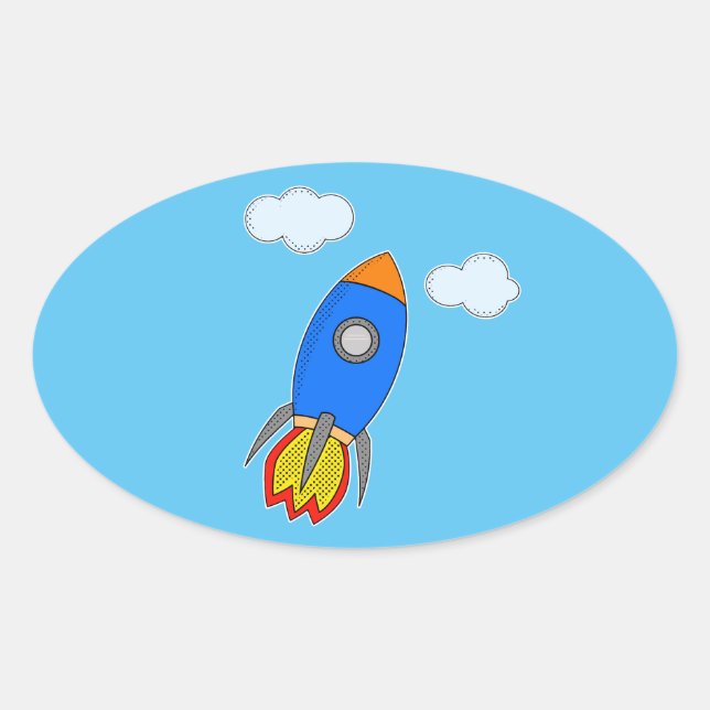 Cartoon Space Rocket In Blue Sky Oval Sticker (Front)