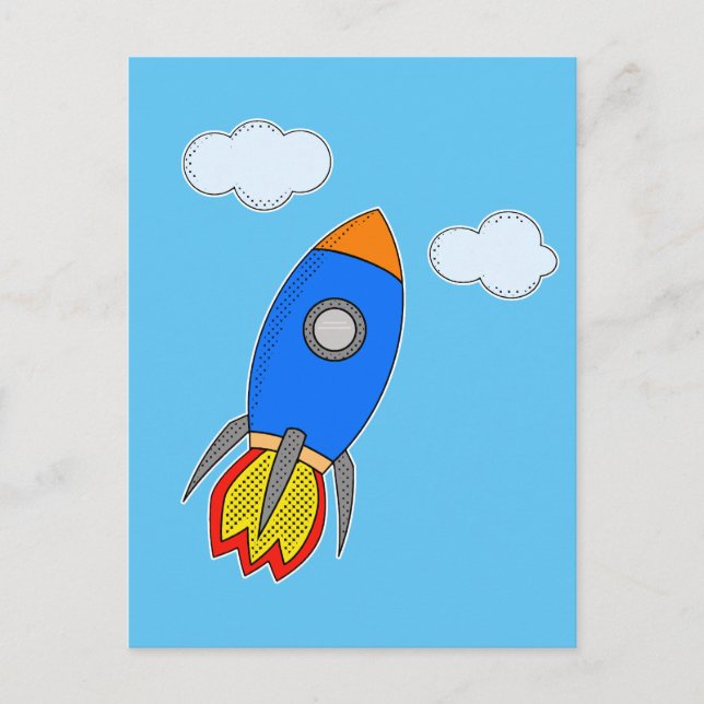 Cartoon Space Rocket In Blue Sky Postcard (Front)