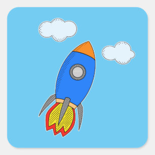 Cartoon Space Rocket In Blue Sky Square Sticker
