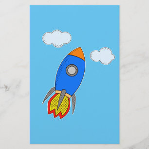Cartoon Space Rocket In Blue Sky Stationery