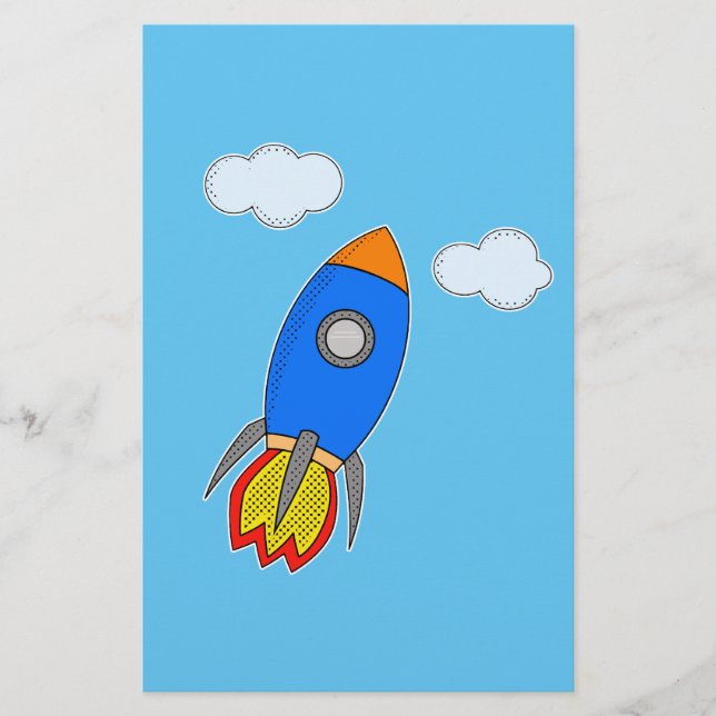 Cartoon Space Rocket In Blue Sky Stationery (Front)