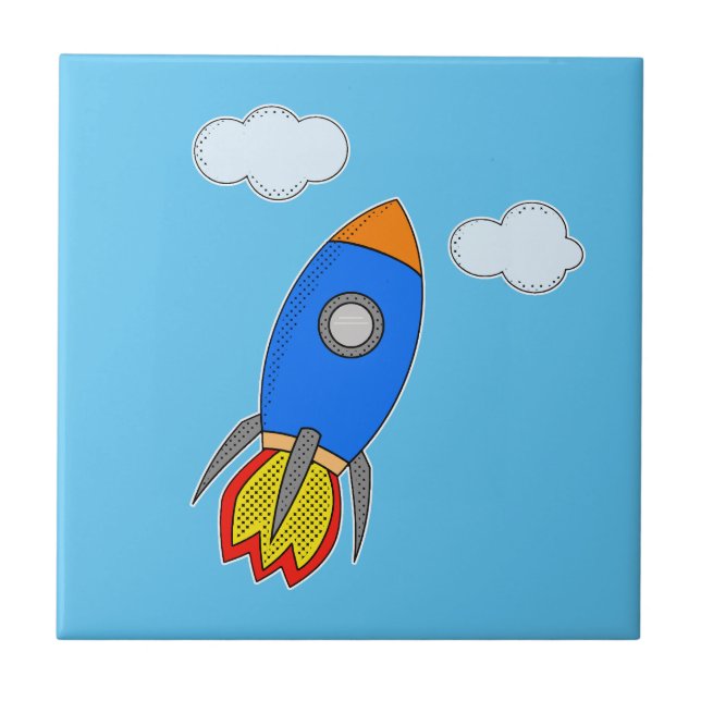 Cartoon Space Rocket In Blue Sky Tile (Front)