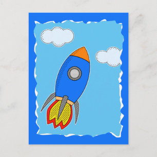 Cartoon Space Rocket In Blue Sky Torn Paper  Postcard