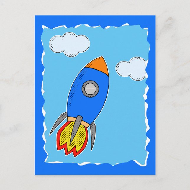 Cartoon Space Rocket In Blue Sky Torn Paper  Postcard (Front)