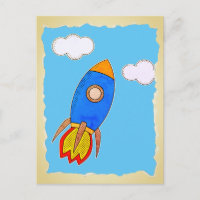 Cartoon Space Rocket In Blue Sky Torn Paper 