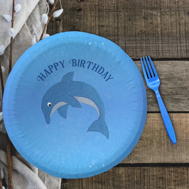 Cartoon Sparkle blue White Birthday Dolphin  Paper Plate (Fun cartoon blue white dolphin in jumping position on Blue Happy Birthday  paper bowl.)