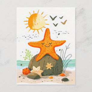Cartoon Starfish on Rock by Ocean Postcard