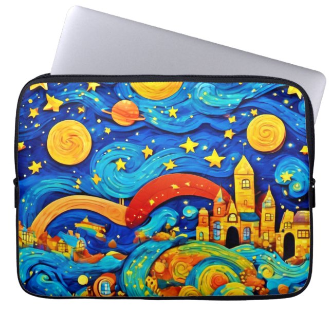 Cartoon Starry Night Art Laptop Sleeve (Front)
