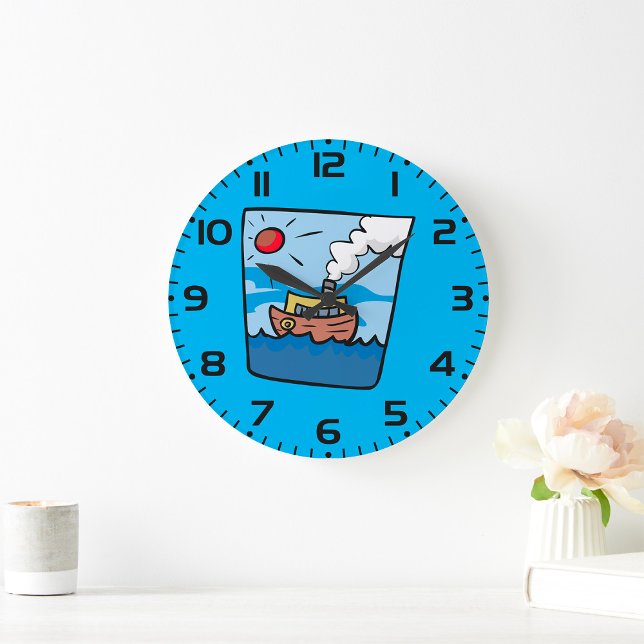 Cartoon Steamship on Ocean Waves Nautical Art  Large Clock (Creator Uploaded)