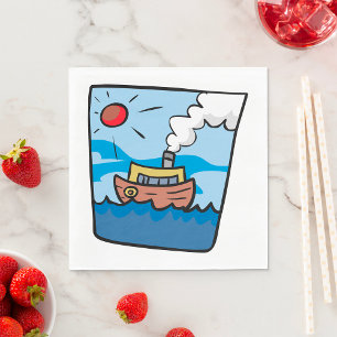 Cartoon Steamship on Ocean Waves Nautical Art  Napkin