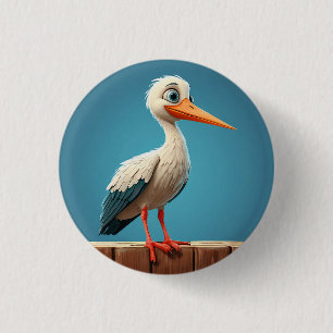 Cartoon Stork with Bright Eyes on Wooden Fence 3 Cm Round Badge