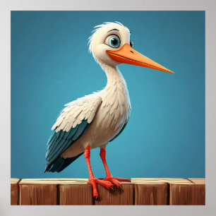Cartoon Stork with Bright Eyes on Wooden Fence Poster