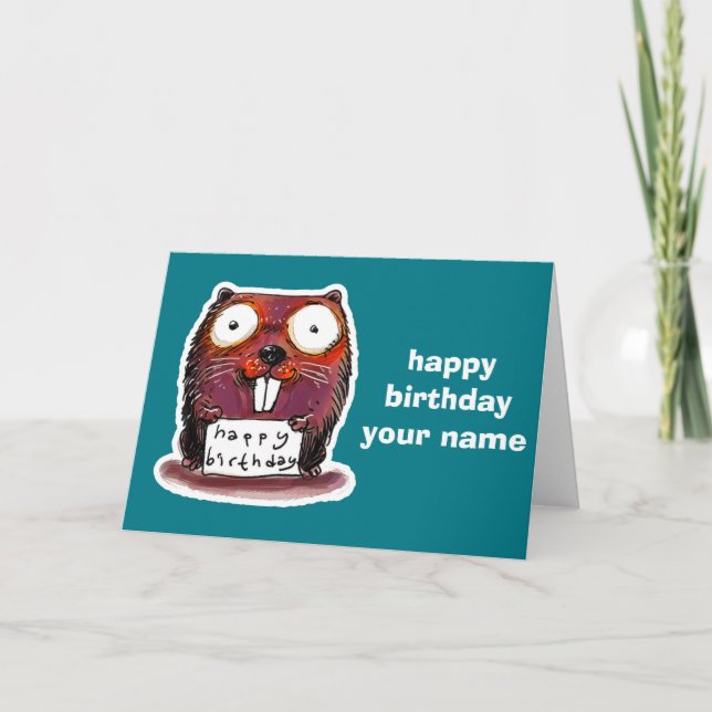 cartoon style beaver happy birthday message card (Front)