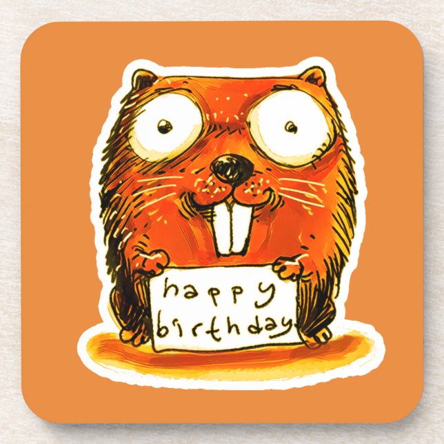 cartoon style beaver holds happy birthday message coaster (Front)