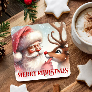 Cartoon Style Cute Santa and Rudolph Paper Coaster