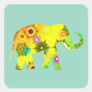 Cartoon-style Elephant Vibrant Flowers Playful Square Sticker